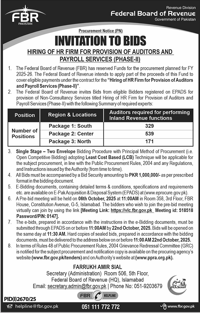 Federal Board of Revenue Islamabad Tender Notice